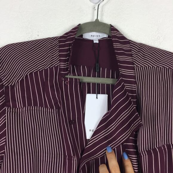 NWT Reiss Albi Burgundy Striped Shirt Dress Size 0 Tie Waist Button Workwear - Picture 5 of 16